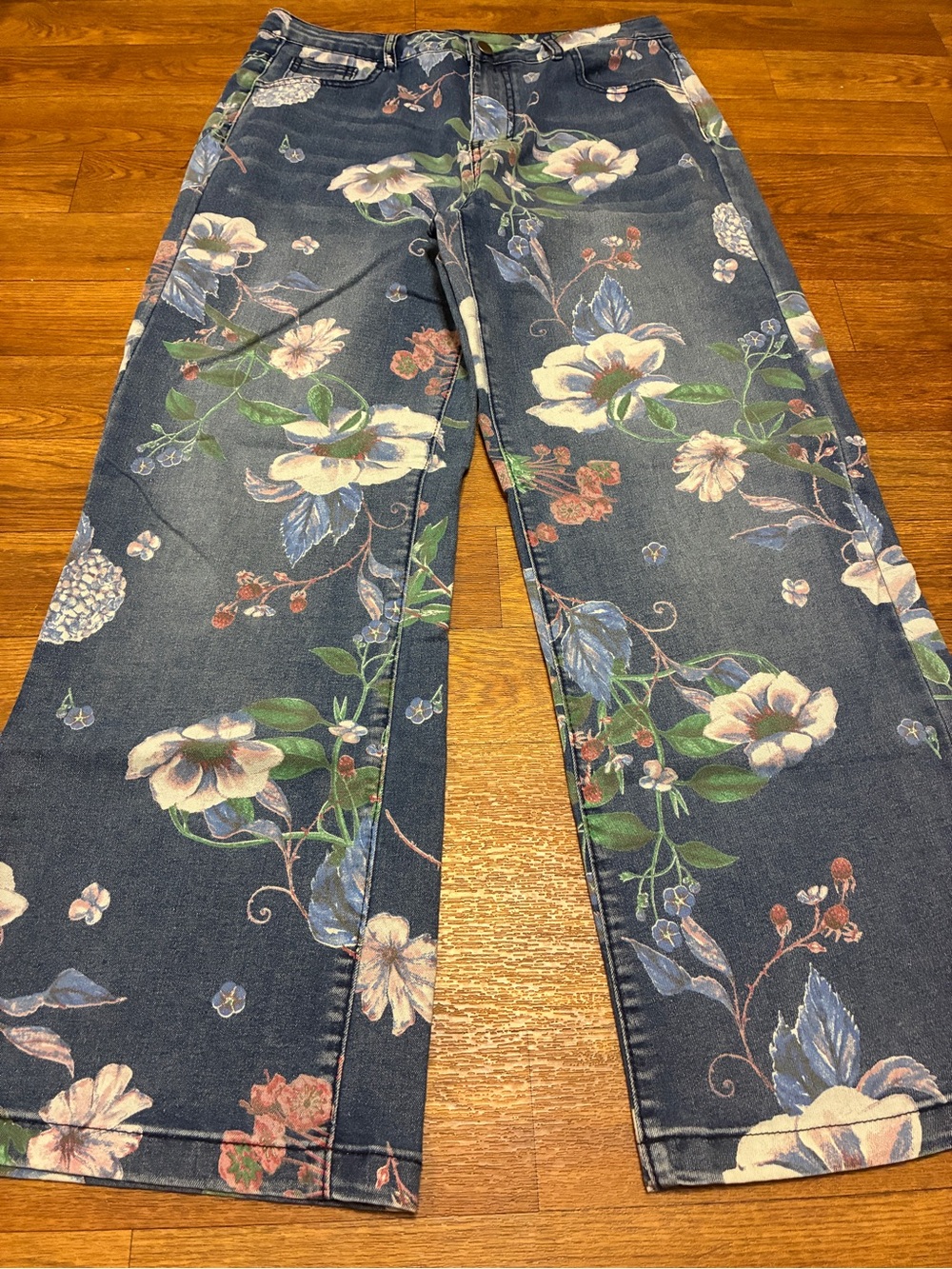 Floral Print Wide-Leg Women's Jeans - Blue Size XL